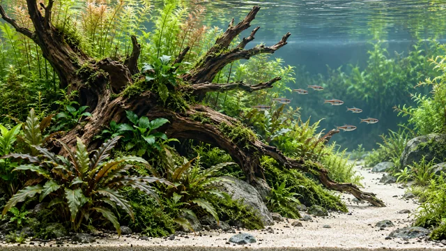 Clear planted aquascape with branching wood and open sand