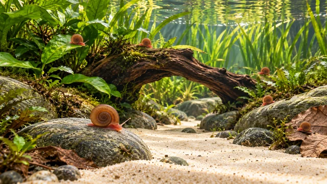 Ramshorn snails in a bright planted aquarium with wood and sand